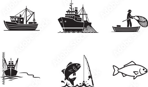 Black and white fishing boats and fish with a fisherman ship desig