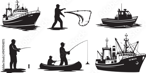 Black and white fishing boats and people fishing in various settings des