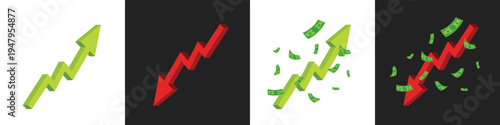 Money increase icon with arrow up symbol, dollar decrease icon . profit and lose money icons , vector illustration. Money increase and decrease icons. Low or high total cost icon. Price, sale, rate or
