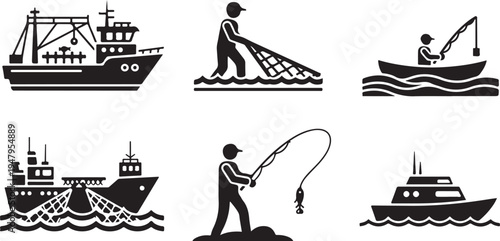 Black and white of fishing activities and boats on water d