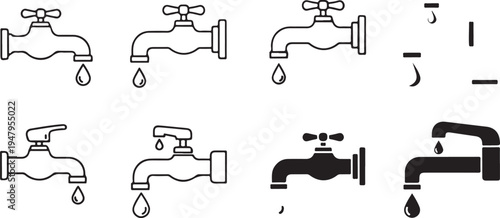 Eight black and white faucets with varying water flow and states dripping plumbing de
