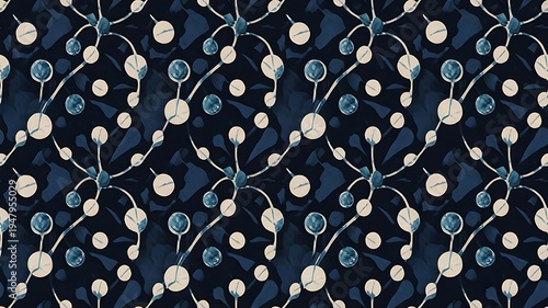 A seamless pattern of interconnected beige and blue circles on a dark blue background