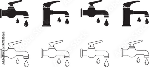 Four black and white faucets with dripping water in
