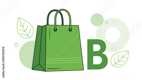 Green reusable paper shopping bag with handles stands next to a large capital letter B against a decorative background.