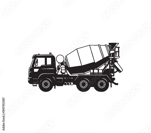 Black and white illustration of concrete mixer truck transporting building materials