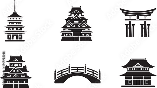Set of six black and white japanese architecture and landmark desi