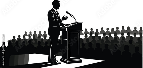 Public speaker silhouette giving speech at podium to large audience, politician or businessman oratory presentation vector illustration, conference event scene.