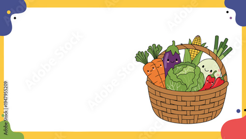 Cute cartoon vegetables with happy faces are gathered in a brown wicker basket within a colorful frame for notes.
