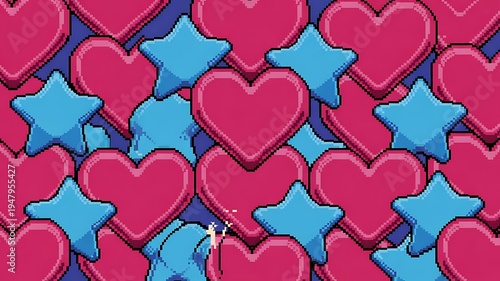 A colorful pattern of pink hearts and blue stars on a purple background