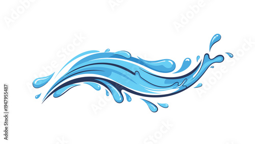 Dynamic blue water wave splash with many small droplets flows horizontally across a clean white background for design.