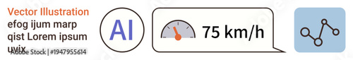 AI research, machine learning, data monitoring, speed optimization, technological innovation, analytics. AI icon, speedometer at 75 kmh and network connection symbol. AI research and data monitoring