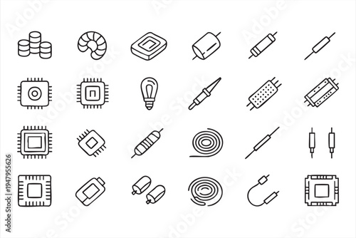 Electronic Circuit And Hardware Outline Icons With Microchips And Electrical Components