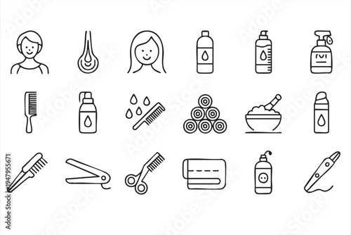 Hair Care And Beauty Salon Line Icons With Hair Dryer Comb Scissors Shampoo And Hair Products