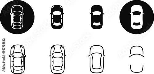 Car top view icons set, automobile vehicle silhouette and outline vector collection, transportation design symbols isolated on white background