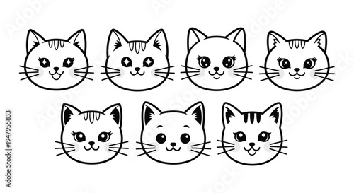Cute black and white vector outline cat faces showing various cheerful expressions, perfect for playful designs on white.