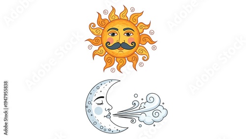 Stylized sun with a mustache and a crescent moon blowing clouds are depicted in a classic celestial art style.