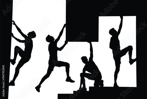 Rock climbing silhouettes set, male climber bouldering on wall, extreme sports adventure, indoor gym fitness training, mountaineering outdoor activity, isolated.
