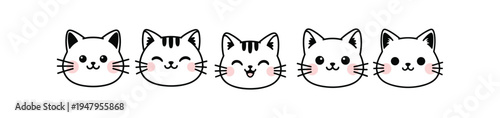 Cheerful row of five cute vector outline cat faces, showing varied happy expressions with pink cheeks on white.