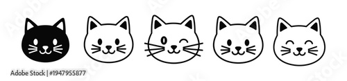 Cute cat vector outline icons displaying various happy and winking expressions in a minimalist style.