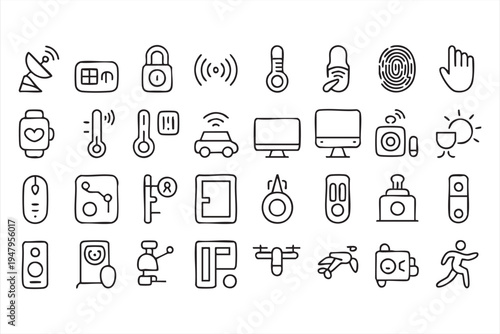 Internet of Things Devices and Cyber Security Outline Icon Set