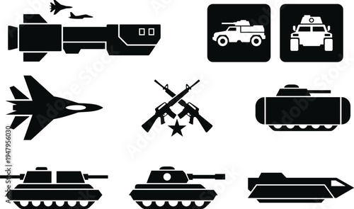 Military weapons and combat vehicles silhouette icons set, fighter jet tank missile armored car and rifles army equipment vector