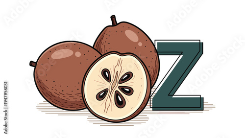 Several brown sapodilla fruits, including one sliced in half to show seeds, stand next to a bold capital letter Z.