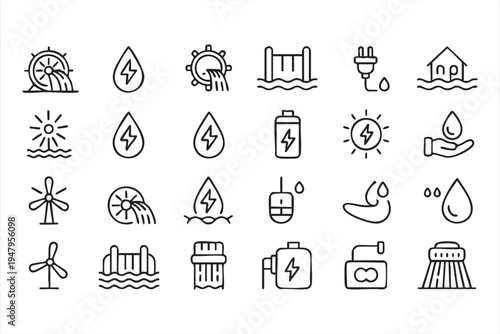 Renewable Energy and Hydroelectric Power Line Icon Set