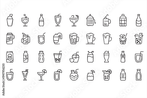 Beverage and Drinks Line Icon Set for Cafe and Bar Menus