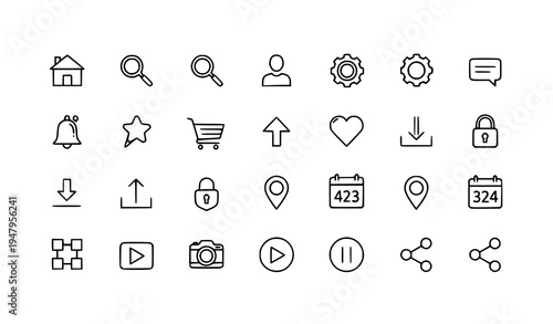 Simple web UI icon set minimal outline interface symbols vector collection for apps and websites