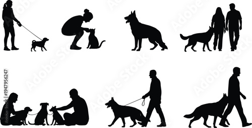 People with dogs and cats in various walking and playing poses, cad drawing flat vector illustration, pet owners silhouettes for lifestyle design.