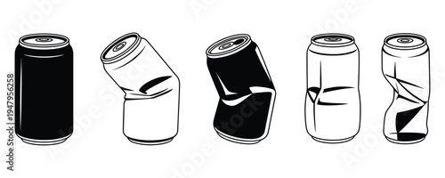 Five black and white soda cans in different positions and lighting