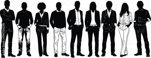 Collection of professional business people silhouettes, standing men and women in smart casual attire, diverse corporate team group icons for office concepts.