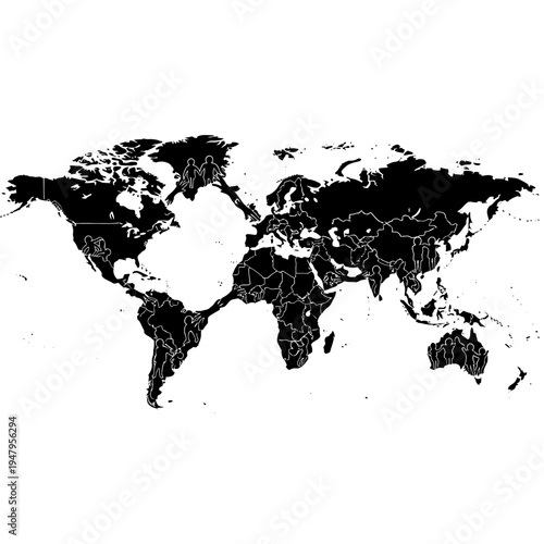 Black and white world map illustration.