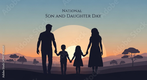 Family silhouette holding hands at sunset on national son and daughter day