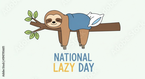 Sloth hanging from tree branch sleeping national lazy day relaxation calmness animal cartoon