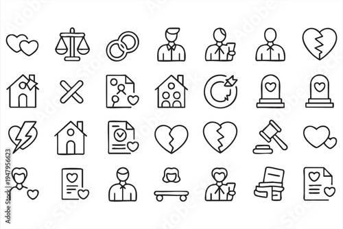 Relationship Breakup and Court Justice Vector Line Icons