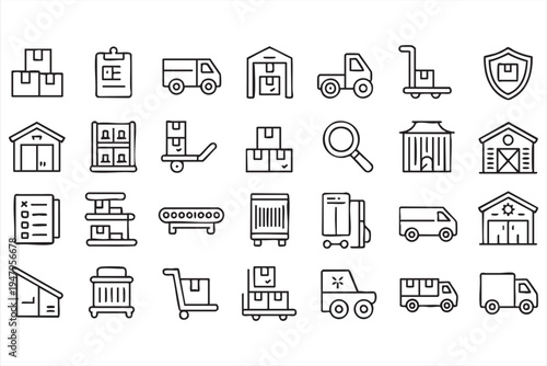 Shipping Cargo Transport and Supply Chain Outline Icon Set