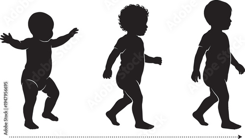 Toddler development silhouette set showing first steps and walking, child growth stages from baby to young boy vector illustration scene.