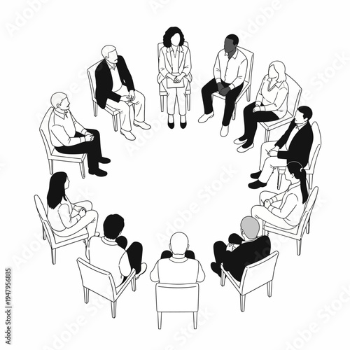 Diverse group of people sitting in circle.