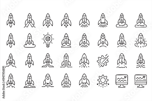 Rocket Launch and Startup Business Growth Line Icons Collection