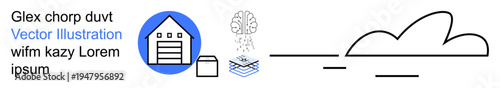 Warehouse management, cloud computing, digital data storage, supply chain, AI technology, and innovation. A warehouse icon, cloud symbol and layered elements. Warehouse logistics and cloud computing