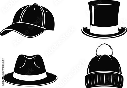Hat silhouette vector illustration set, fashion accessory design artwork, baseball cap, top hat, fedora, winter beanie, stylish headwear collection, clothing icon design