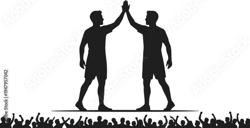Two male athletes giving high five silhouette on podium with cheering crowd, sports victory, team success, winning competition, and partnership.