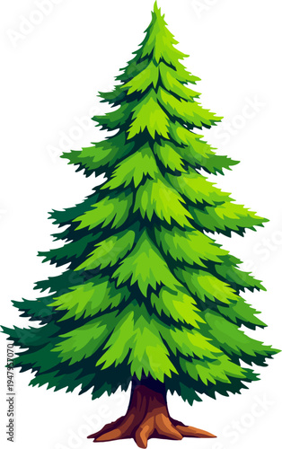 Bright green pine tree close up with dense evergreen branches, natural forest tree illustration perfect for botanical designs, landscape artwork and nature projects