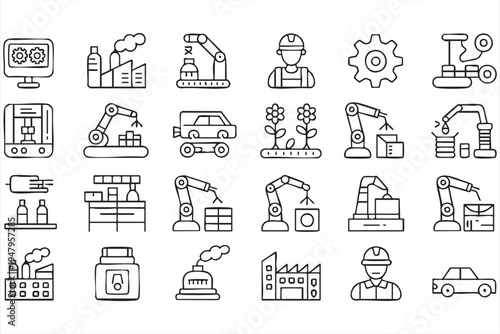 Factory Production and Robotic Assembly Minimal Outline Icon Set