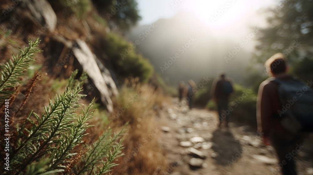 Obraz premium Sunlight illuminates a mountain trail as a group of hikers walks onward