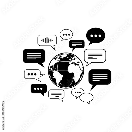 Globe with multiple speech bubbles around.