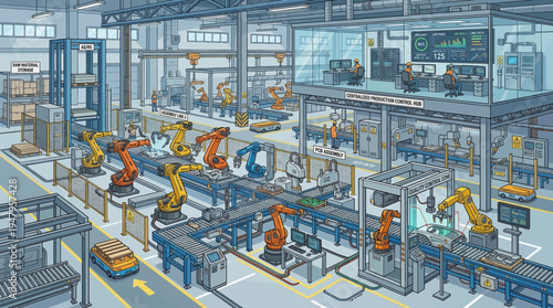 Industrial robotic factory production line with automated machinery.