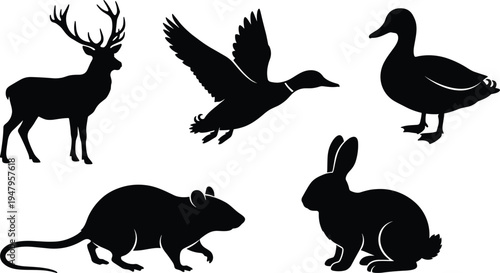 Wild animals silhouette set featuring deer, flying duck, mallard, rat, and rabbit, black and white vector forest wildlife animal collection.