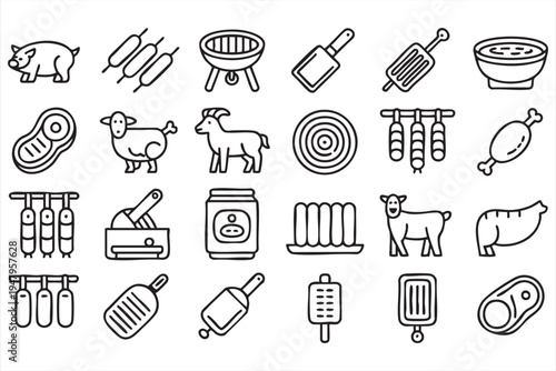 Meat Processing and Butcher BBQ Line Icons Collection